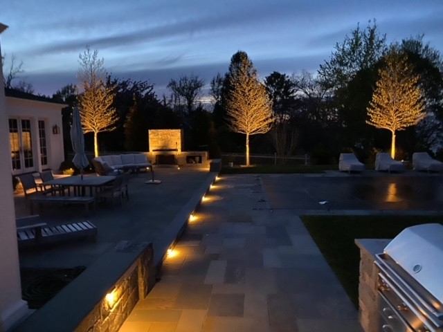 Backyard of a residential home at night lit with CAST Landscape lights.